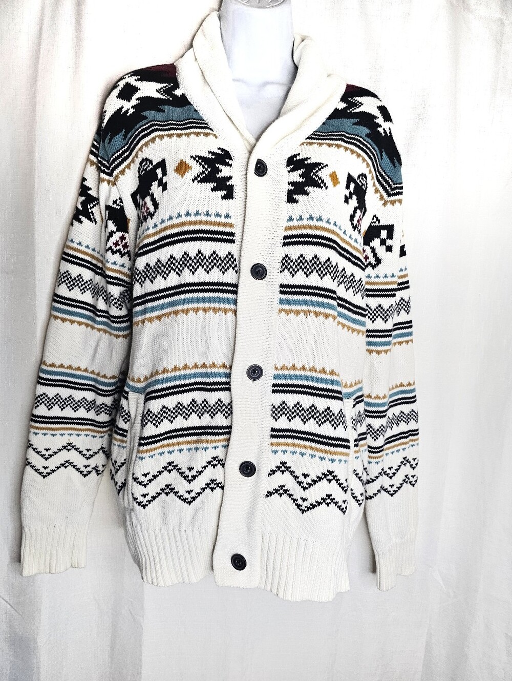ECKO UNLTD Sz L, shawl collar button-front Native American Cardigan Sweater